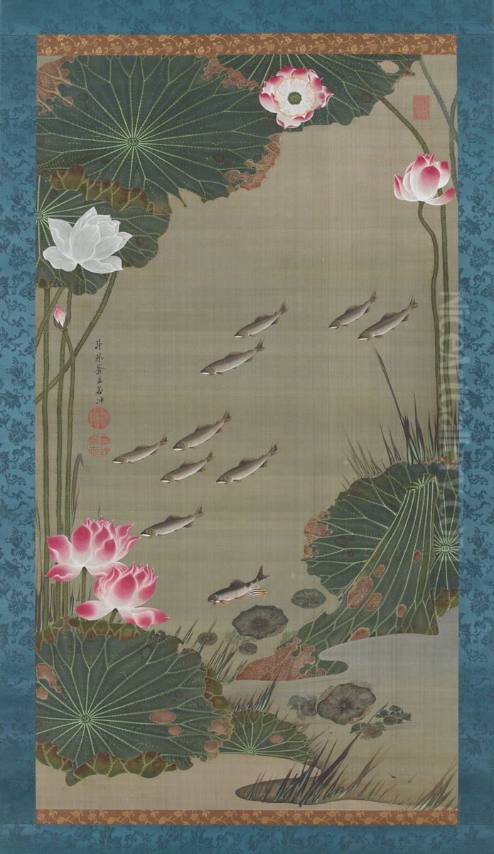 Fish in a lotus pond Oil Painting by Ito Jakuchu