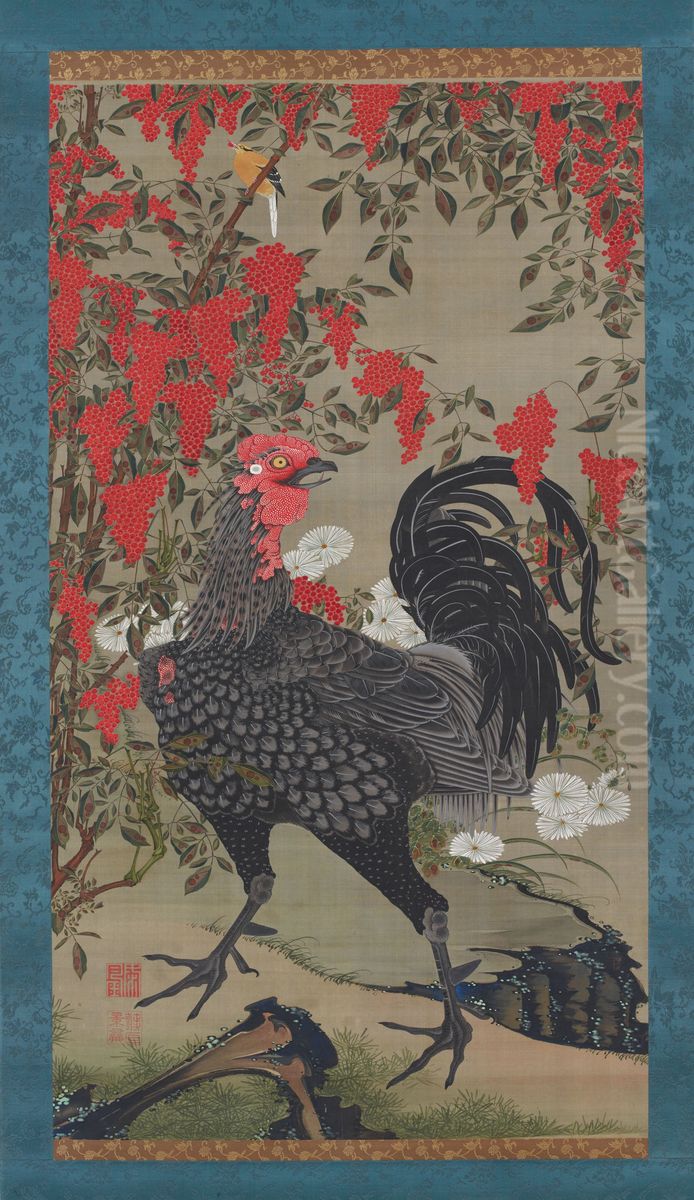 Black rooster and nandin Oil Painting by Ito Jakuchu