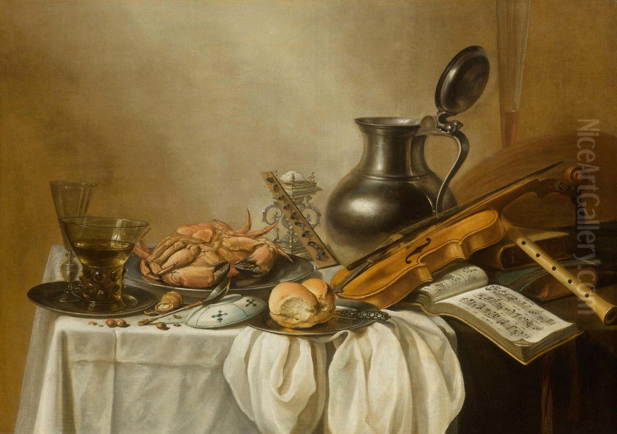 Stillleben mit Romerglas, Weinglas, Krabbe und Brot auf einer Platte mit einer Violine und einer Flote auf einem Tisch Oil Painting by Pieter Claesz