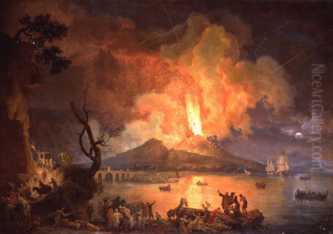 Eruption of Mount Vesuvius with the ponte della Maddalena in the Distance Oil Painting by Pierre-Jacques Volaire