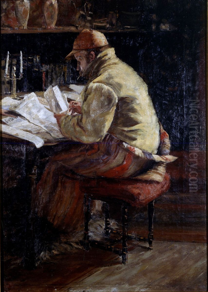 <<Korrekturleseren>>. Alexander L. Kielland i sitt arbeidsvaerelse i Cernay la ville Oil Painting by Jacob Kielland Somme