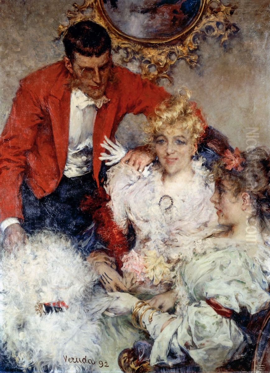 Trio. A man with two women in an interior Oil Painting by Umberto Veruda