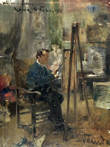 Self-portrait in the studio Oil Painting by Umberto Veruda