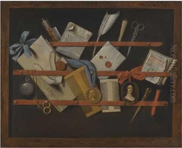 Trompe l'oeil still-life of a letter rack Oil Painting by Evert Collier