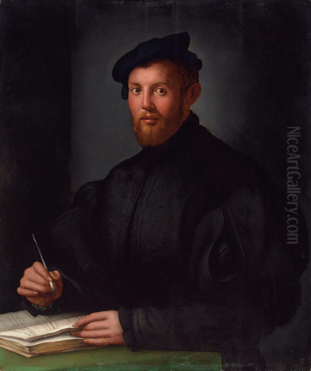 Portrait of a young Man in black with a book Oil Painting by Bronzino