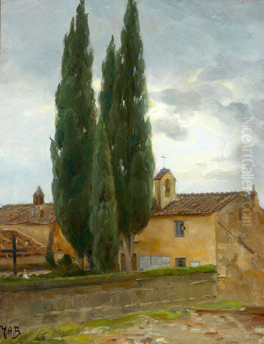 Italian landscape with a monastry and pine trees. Oil Painting by H. A. Brendekilde