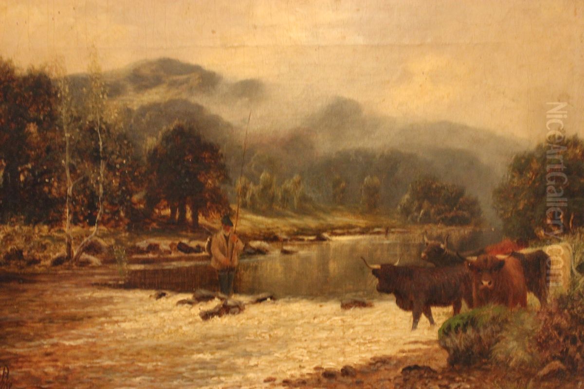 Highland cattle and fly fisherman Oil Painting by unknown
