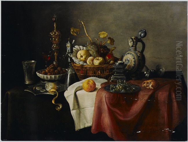 Still life with gilt beaker in a bowl of walnuts and a basket of fruit with other objects on a table Oil Painting by Pieter Van Overschie
