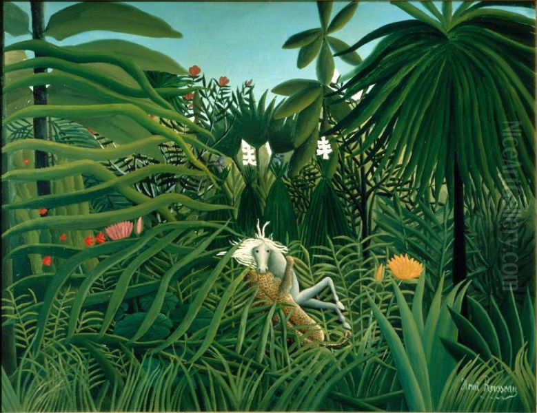 Jaguar Attacking a Horse Oil Painting by Henri Julien Rousseau