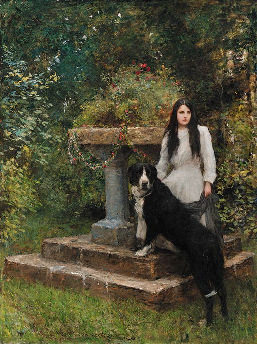 A young girl and her dog Oil Painting by Hubert von Herkomer