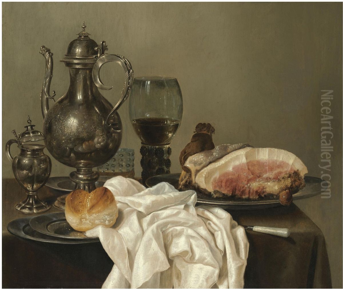Still life with tazza, silver pot, roemer, glass of beer, four pewter plates with bread and ham on a green tablecloth Oil Painting by Willem Claesz. Heda