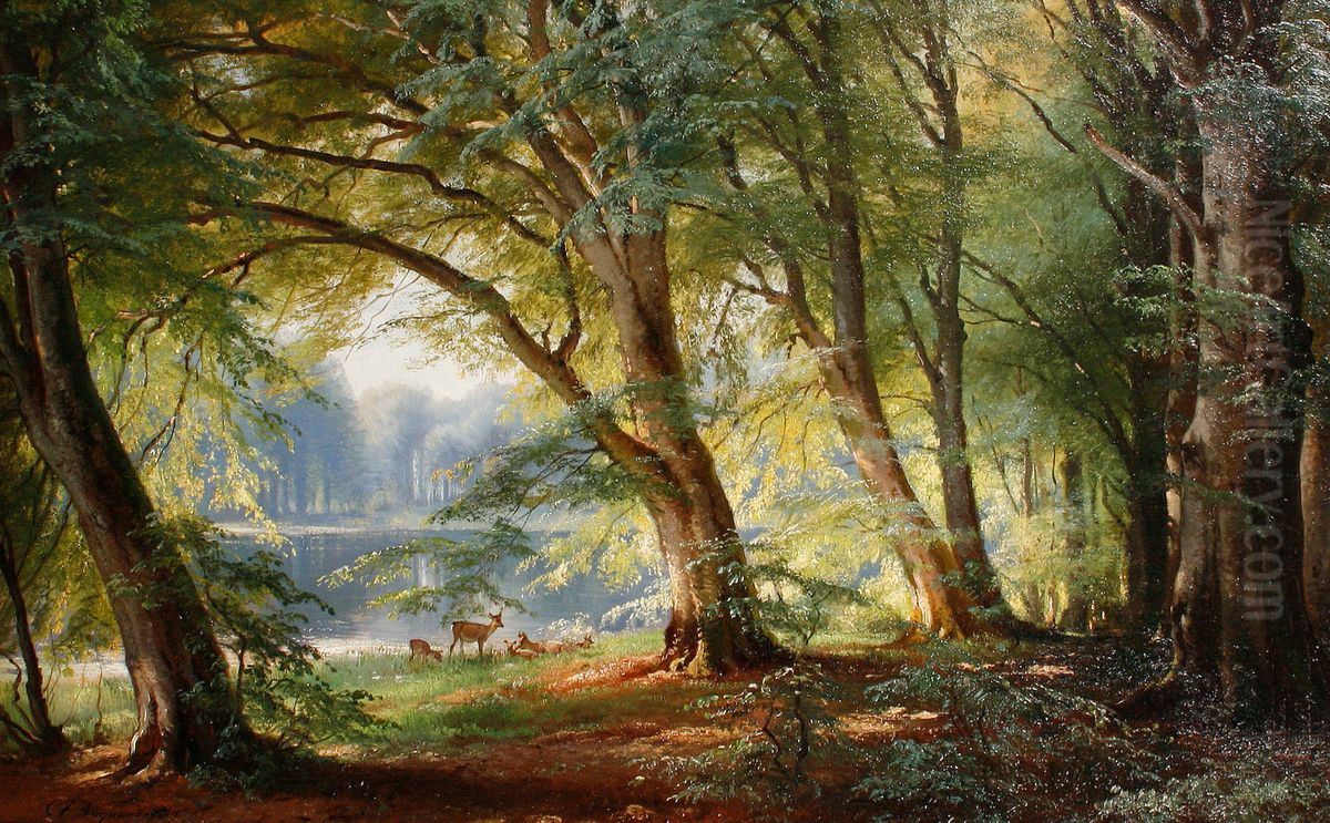 Deer beside a Lake Oil Painting by Carl Frederik Aagaard
