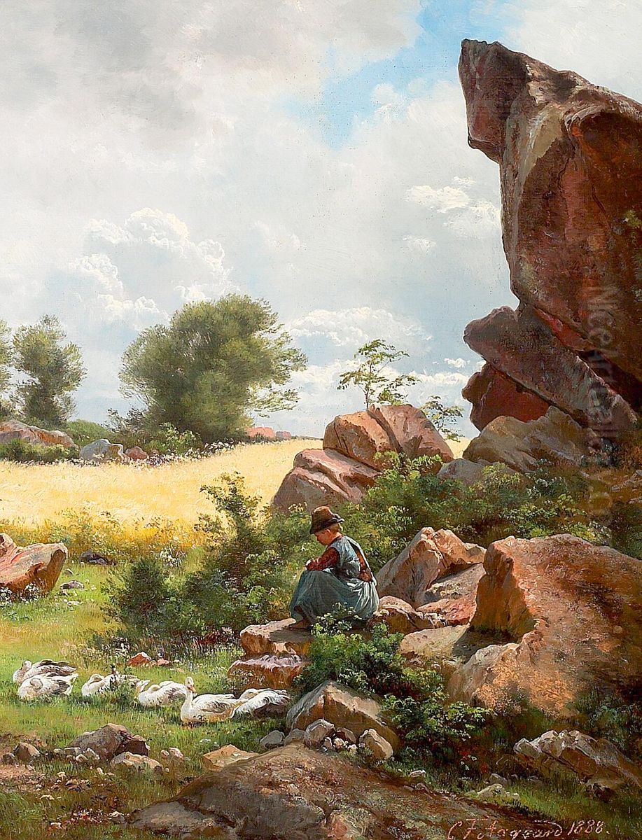 A girl guarding geese on the island of Bornholm. Oil Painting by Carl Frederik Aagaard