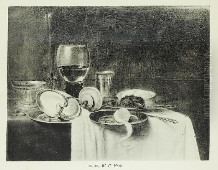 Still life with nautilus cup and pie Oil Painting by Willem Claesz. Heda