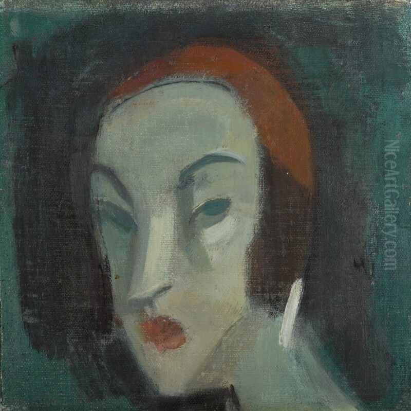Girl against a Green Background (Dora) Oil Painting by Helene Schjerfbeck