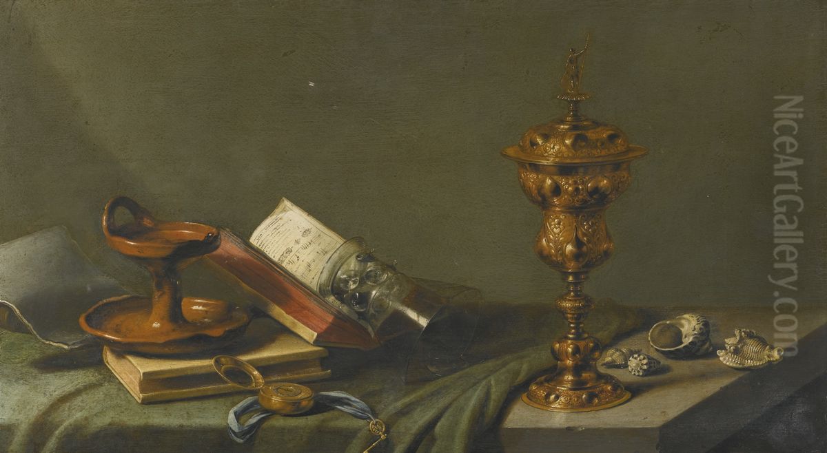 Still life of a skull, covered beaker and other objects on a table (Vanitas) Oil Painting by Pieter Claesz