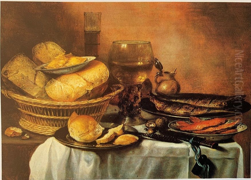 Still life of a basket of cheese and fish Oil Painting by Pieter Claesz