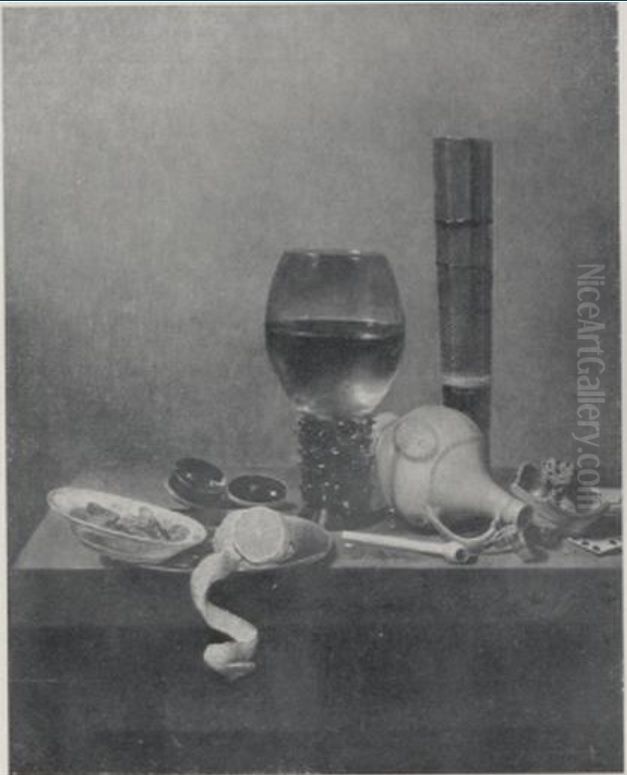 Still life with roemer, pipe, and fallen pitcher Oil Painting by Jan Jansz van de Velde
