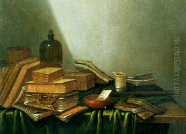 Stilleven met boeken en dwarsfluit Oil Painting by Gerrit Van Vucht