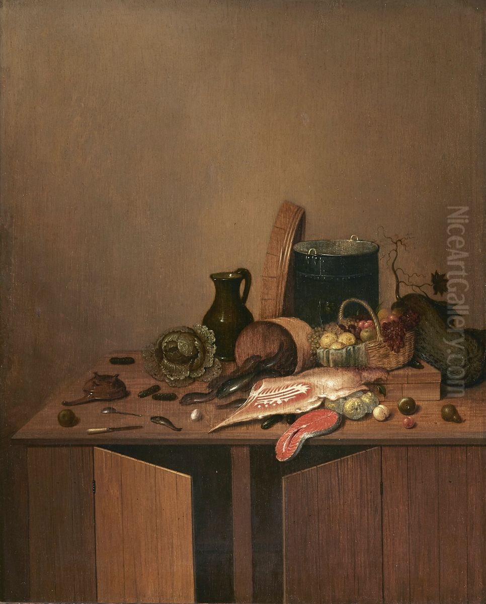 Kitchen still life with meat, fish and vegetables Oil Painting by Gerrit Van Vucht