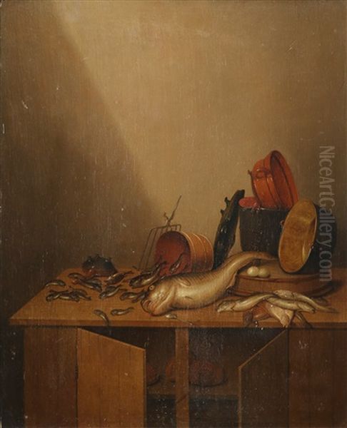 Still life with fish, eggs, bread and pans Oil Painting by Gerrit Van Vucht