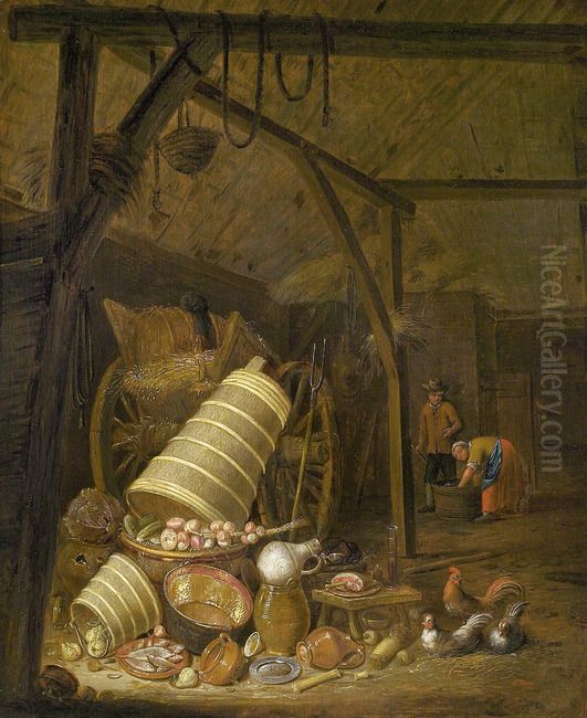 Barn interior with an array of barrels and pots Oil Painting by Francois Ryckhals