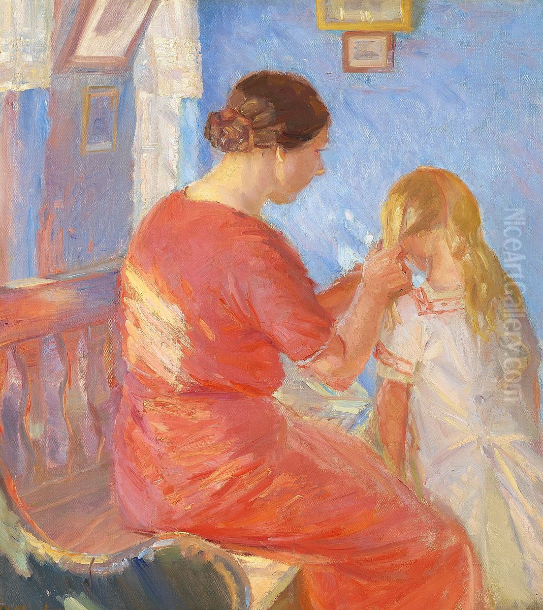 Moderen fletter Barnets Haar. Oil Painting by Anna Ancher