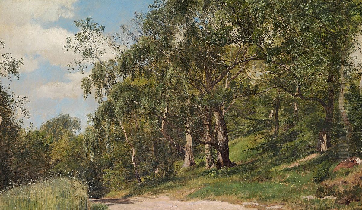 Birch trees at a gravel road. Oil Painting by Janus Andreas Bartholin La Cour