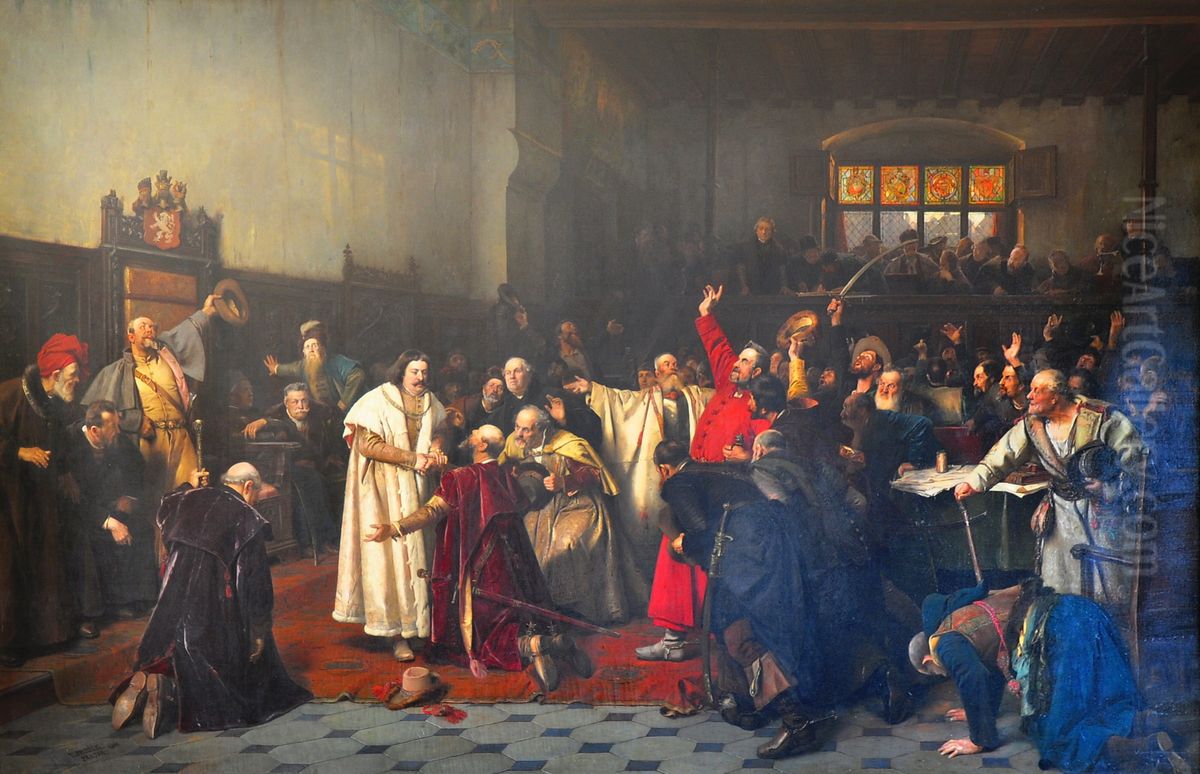 Zvoleni Jirika z Podebrad za krale ceskeho. Oil Painting by Vaclav Brozik