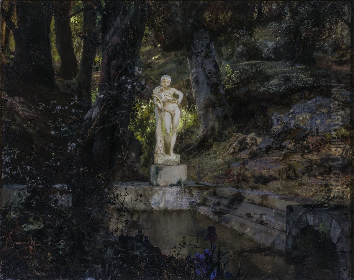 Pond with faun statue Oil Painting by Henryk Siemiradzki