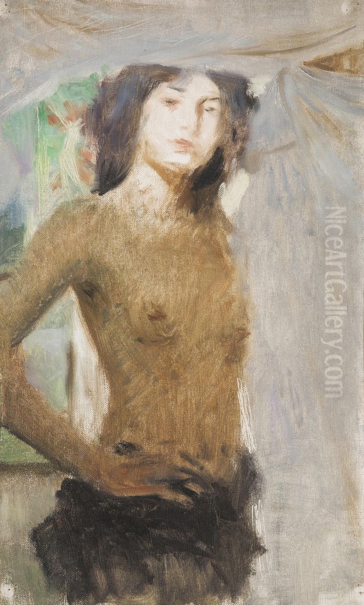 A Study of a Nude Girl Oil Painting by Hugo Boettinger