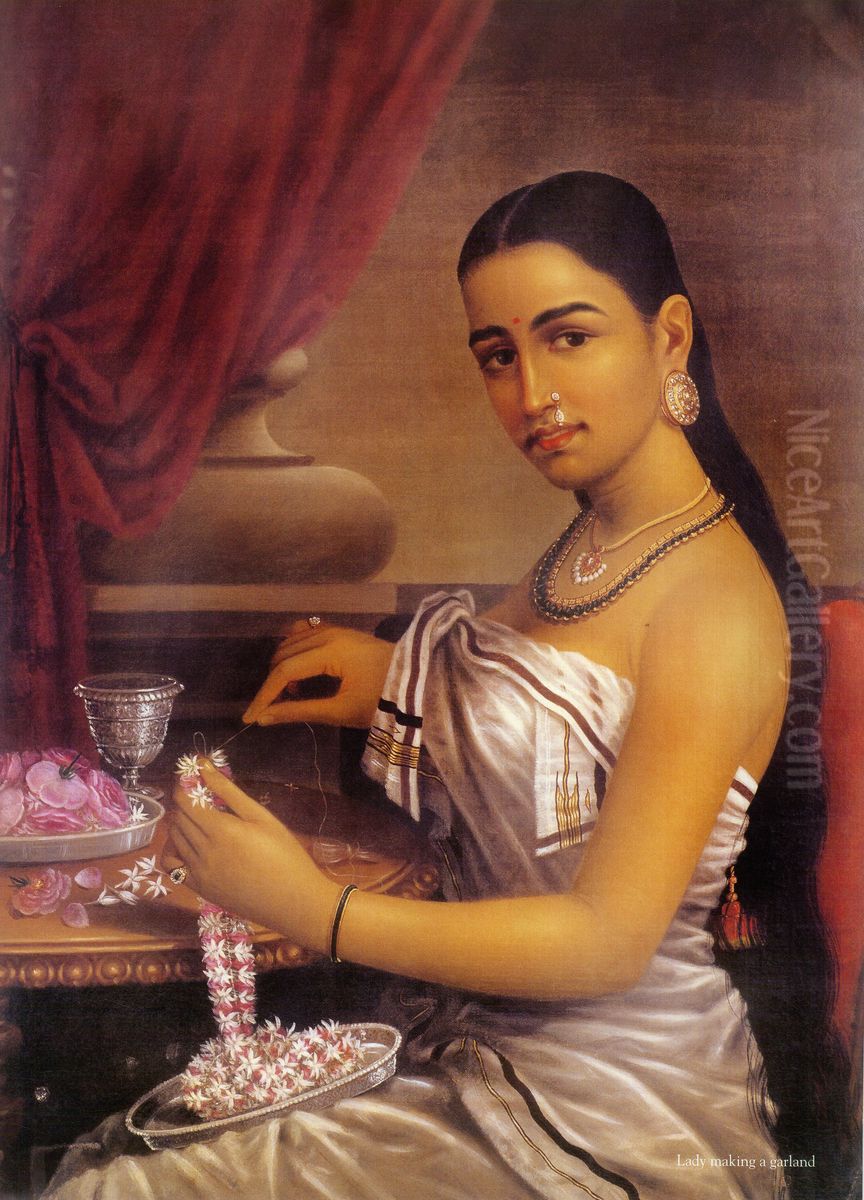 Lady making a garland Oil Painting by Raja Ravi Varma