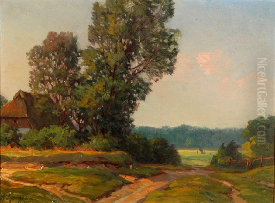 Wiesenlandschaft mit Bauernhaus Oil Painting by Arnold E. Lyongrun