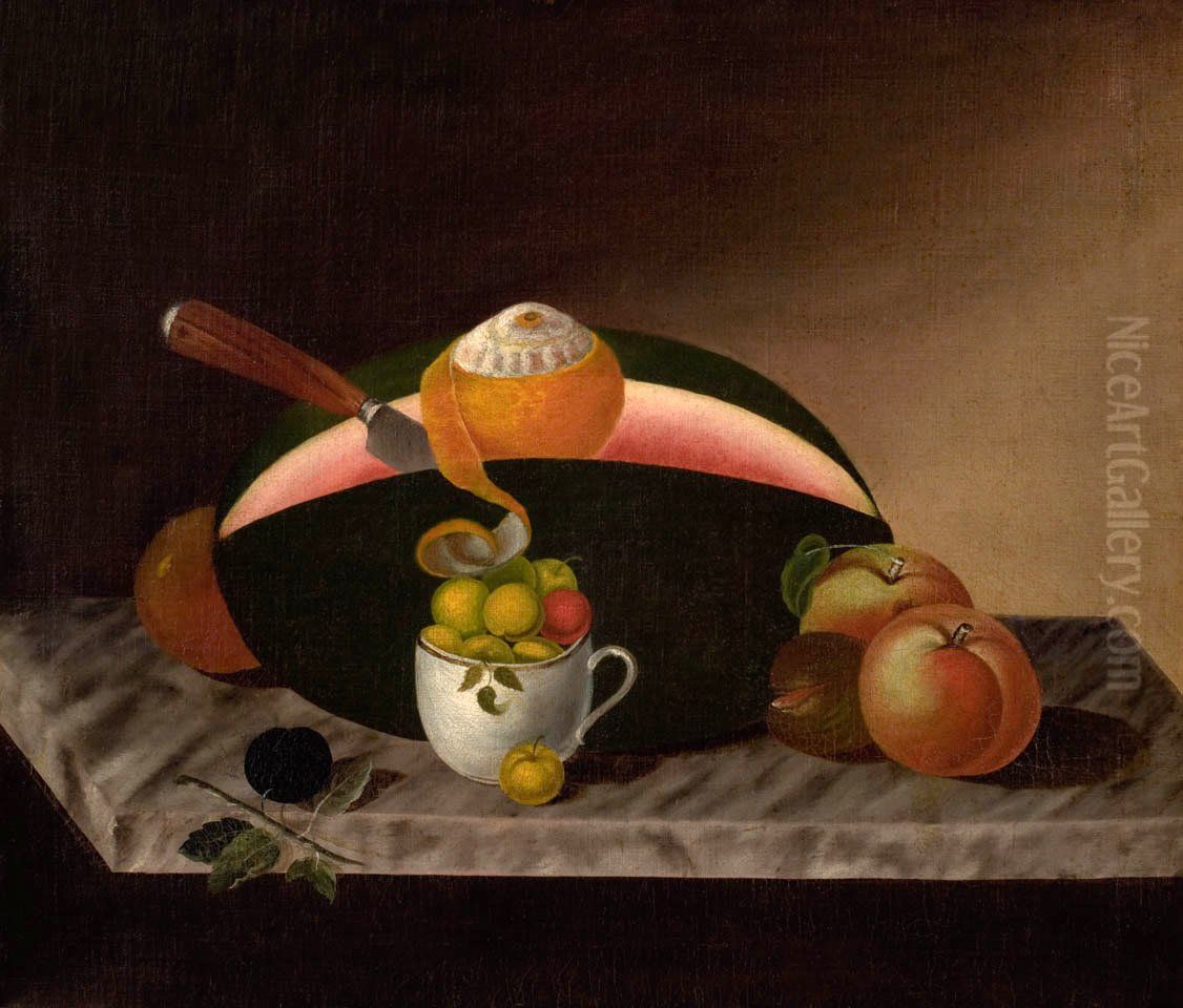 Still Life with Fruit and Gold Band Cup Oil Painting by unknown