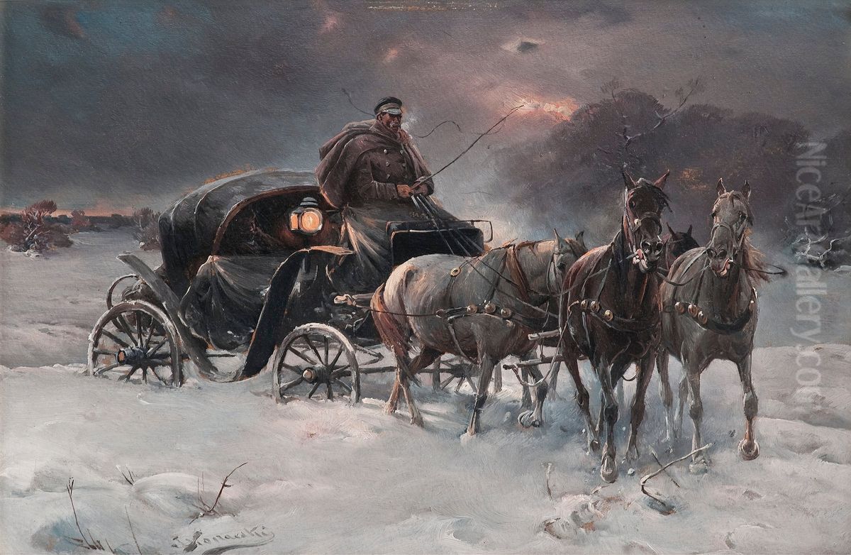 Traveller on a winter night. Oil Painting by Alfred Wierusz-Kowalski