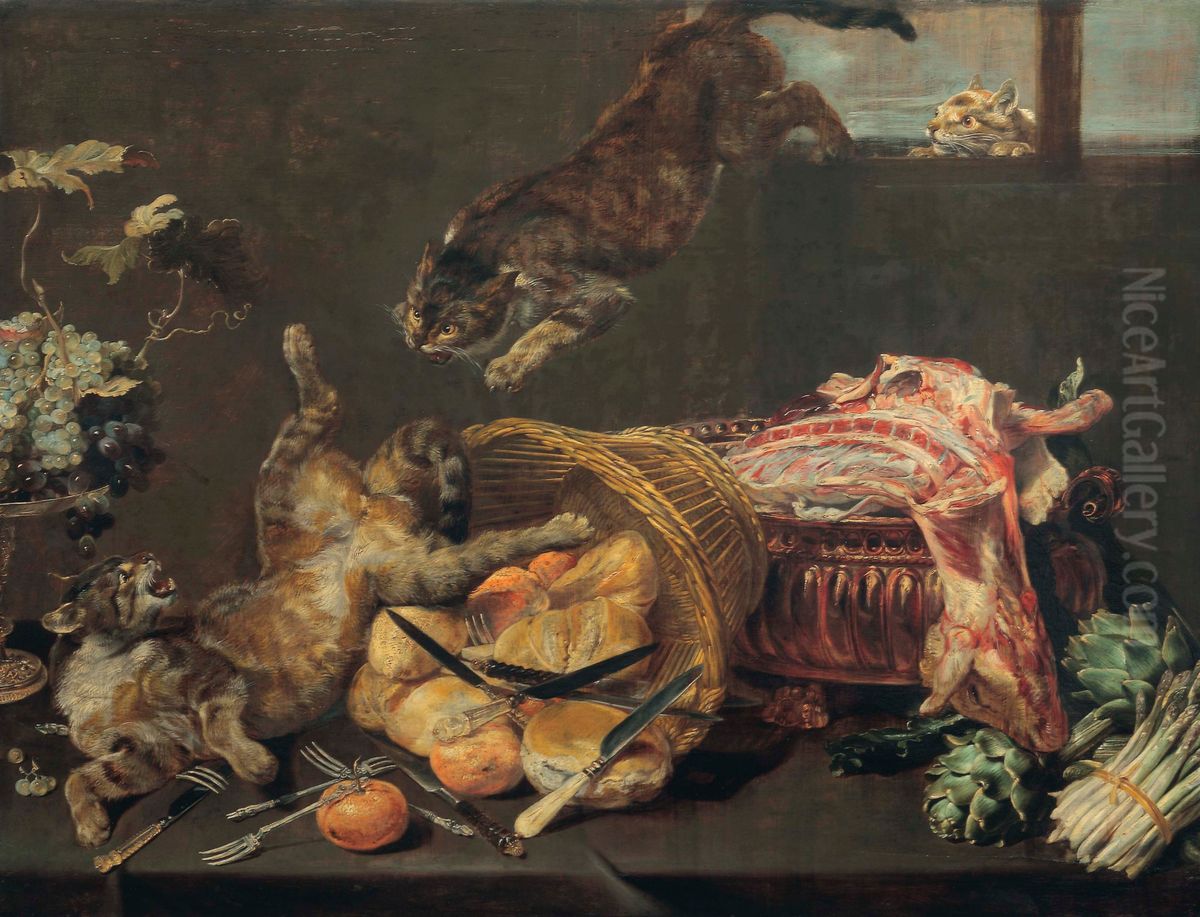 Cats fighting in a larder, with loaves of bread, a dressed lamb, artichokes and grapes Oil Painting by Frans Snyders