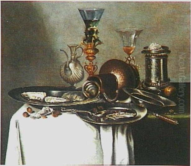 Still life with oysters and hazelnuts Oil Painting by Cornelis Mahu