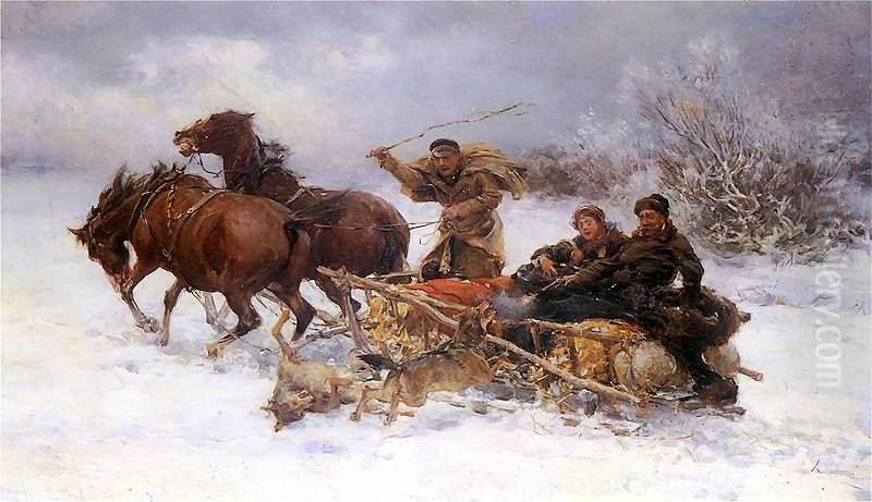 Wolves attacking a sleigh Oil Painting by Alfred Wierusz-Kowalski