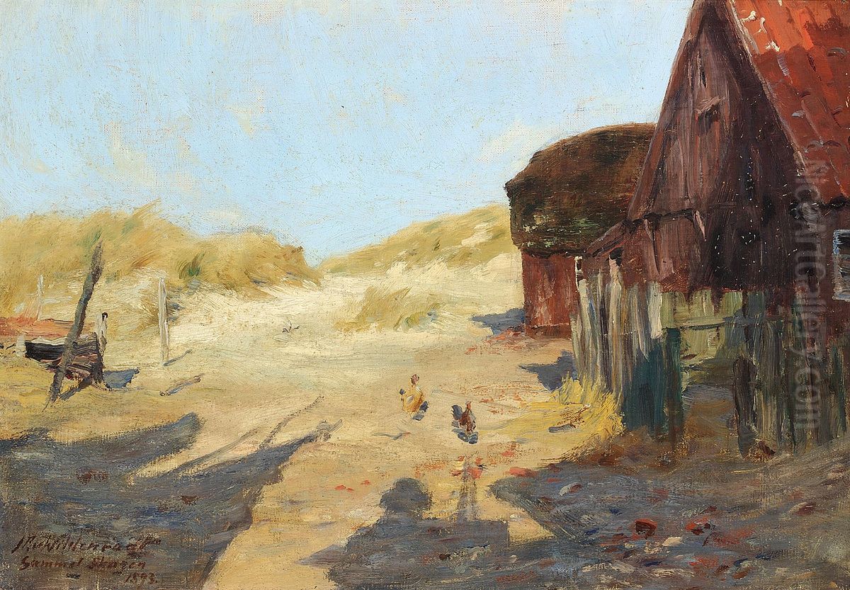 Hens at a fishing hut near Skagen. Oil Painting by Johan Peter Wildenrath