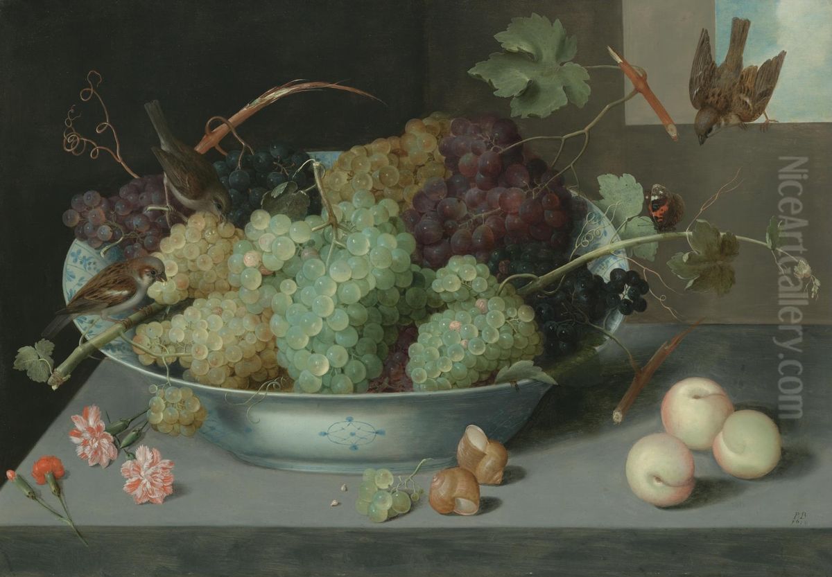 Still life with bunches of grapes in a porcelain bowl, three sparrows, and a butterfly, wirt peaches and snails on a stone ledge below Oil Painting by Peter Paul Binoit