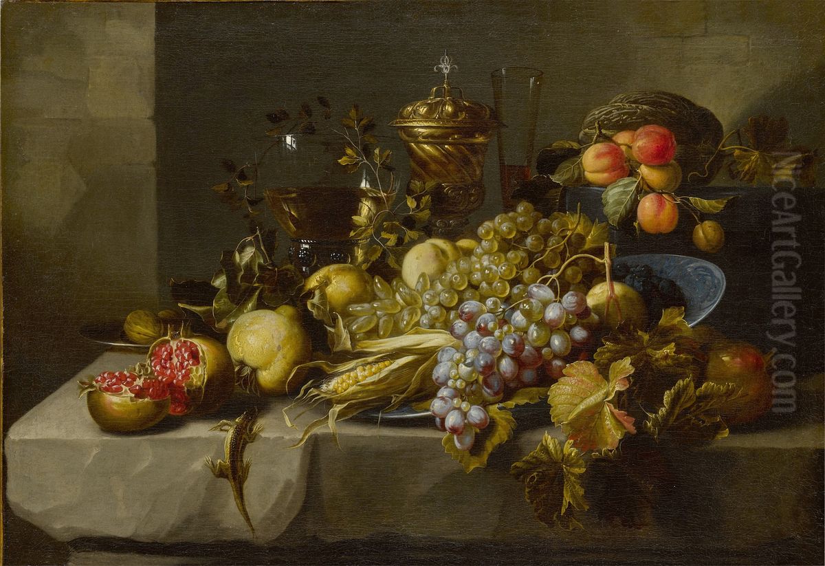 Still life of grapes, pomegranates, walnuts, peaches, an ear of corn, various drinking vessels, and a lizard, all on a stone ledge Oil Painting by Alexander Coosemans