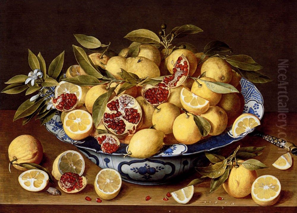 A Still Life Of A Wanli Kraak Porcelain Bowl Of Citrus Fruit And Pomegranates On A Wooden Table Oil Painting by Jacob van Hulsdonck