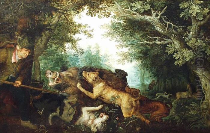 Wild Boar Hunt Oil Painting by Roelant Savery