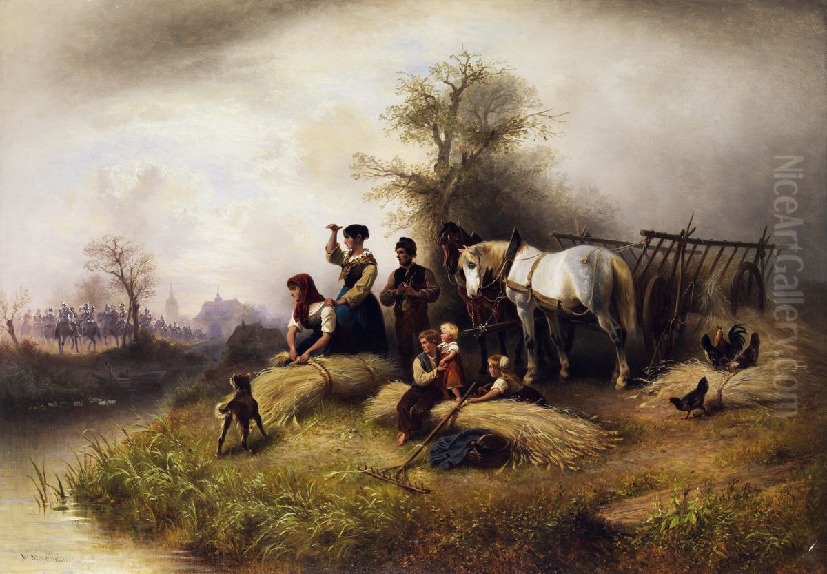 Bauernfamilie bei der Kornernte beobachtet einen Zug der Kavallerie. Oil Painting by Wilhelm Alexander Meyerheim