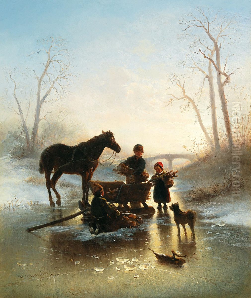Children on the Ice Collecting Wood Oil Painting by Wilhelm Alexander Meyerheim