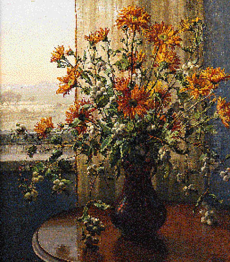 Flowers in a Vase on a Table with a View to a winter Landscape beyond. Oil Painting by Wilhelm Andersen