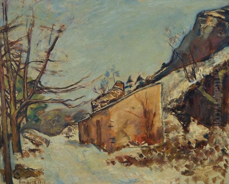 Small cottage in snowy winter forest Oil Painting by unknown