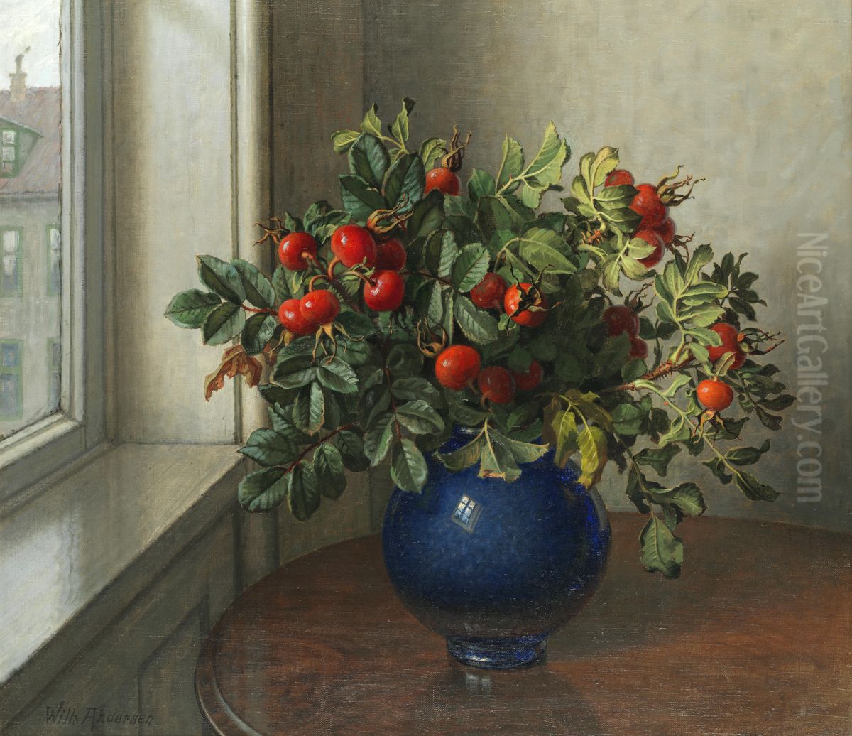 Still life of rosehips in a blue vase by a window. Oil Painting by Wilhelm Andersen