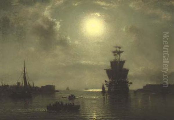 H.M.S. St. Vincent lying off Gosport at the entrance to Portsmouth harbour Oil Painting by Wilhelm Xylander