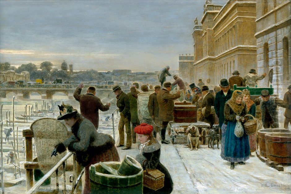 Sylvesterkarpfen in Berlin (Eisfischen in der Spree vor der Alten Borse an der Burgstrasse in Berlin-Mitte). Oil Painting by Wilhelm Geissler